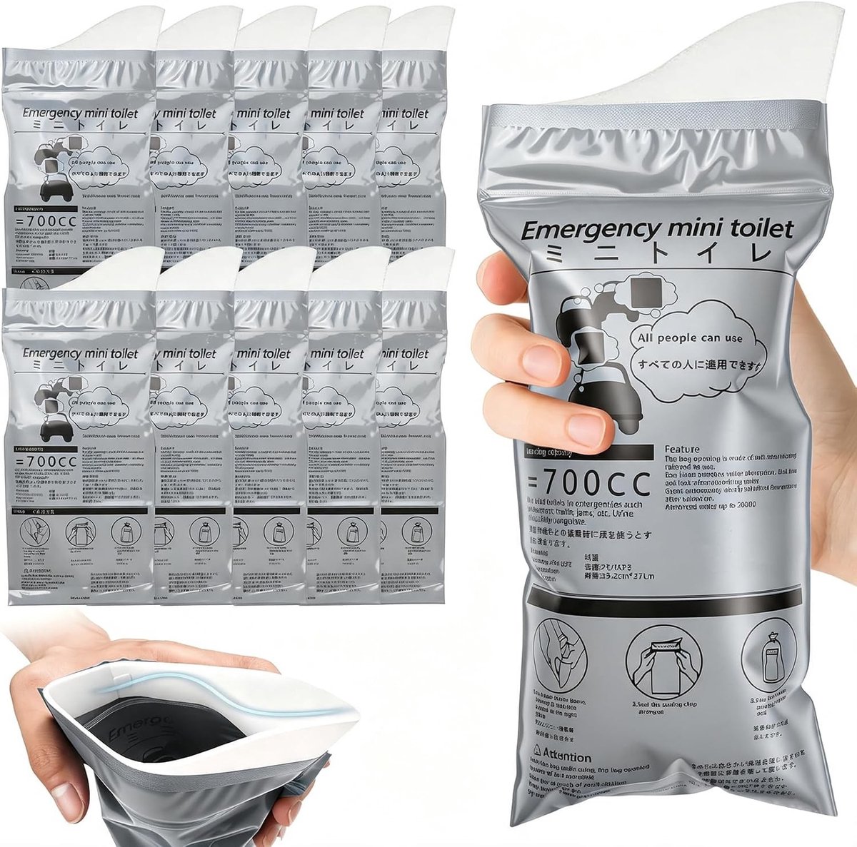 Draagbare urinezakken voor dames en heren, 12 stuks, ideaal voor reizen, camping en noodsituaties, 700 ml capaciteit