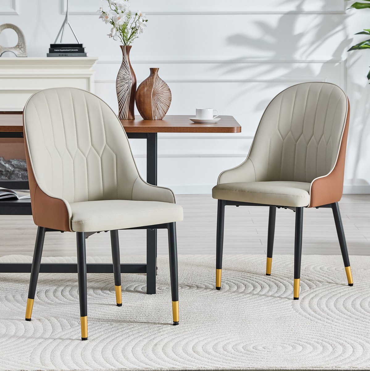 OKWISH Eetkamerstoel - 91 Cm - Set Van 2 Met Armleuningen - Voor Eetkamer Of Horeca - Kunstleer En Metaal - Warmgrijs Bruin Zwart