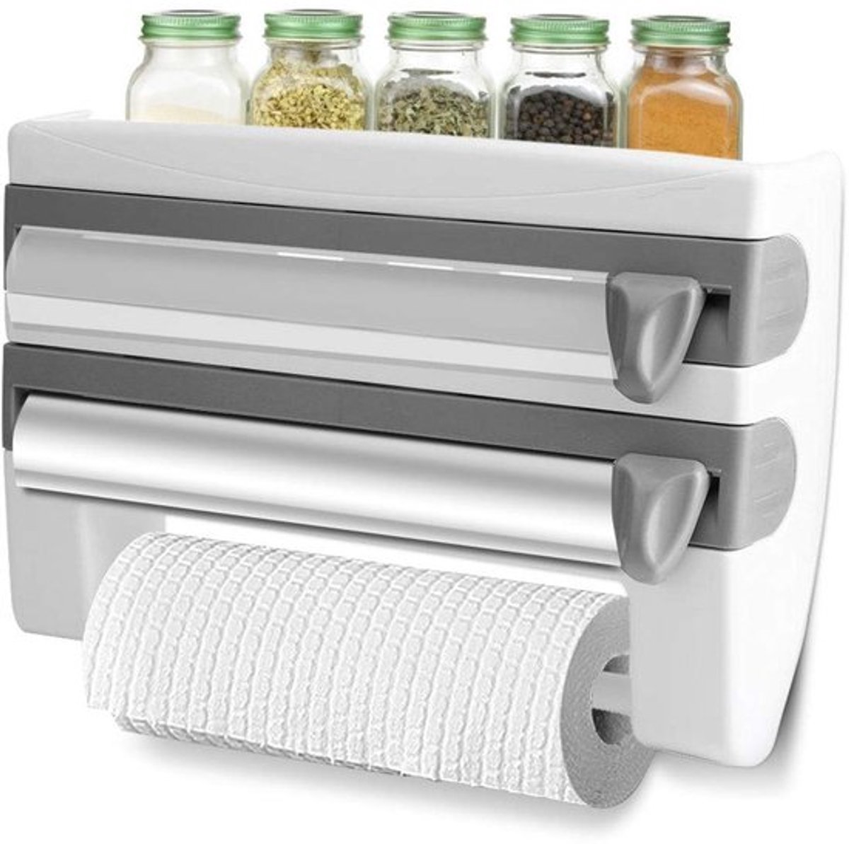 Keuken Plastic Wrap Papieren Toren Opbergrek met Vershoudfolie Gesneden, Wandmontage Keuken Sausfles Papieren Vershoudfolie Rol Opslag Houder met Snijder Zonder Boren Eenvoudige Montage(Grijs)