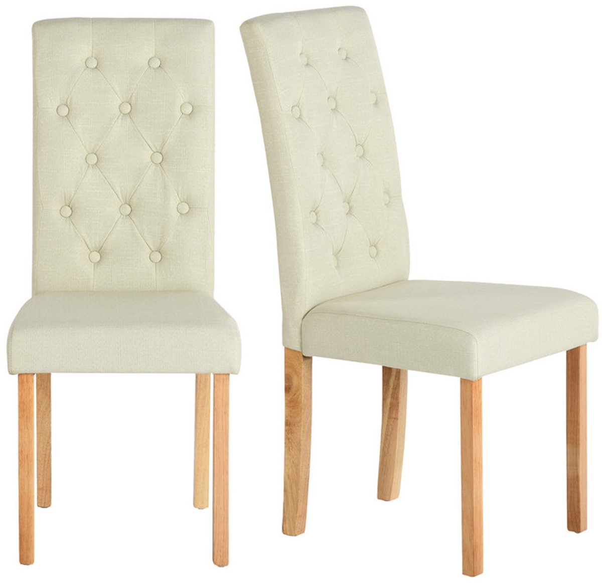 EGGREE Set van 2 eetkamerstoelen - stof met linnenlook in beige, dikke zitting & rugleuning met gestikt ruitpatroon - stevige poten van rubberhout - 43,5 x 56 x 98 cm - modern design voor eetkamer & keuken