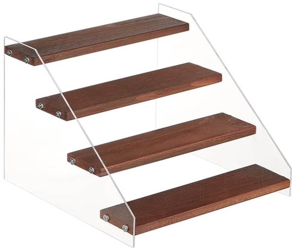 4-laags houten displaystandaard, transparante acryl displayplankverhoger, gelaagde houten cupcakestandaard voor leveranciers, cupcakes, parfums, snoep, cosmetica en decoratie, 20,5 x 21,5 x 15,7 cm