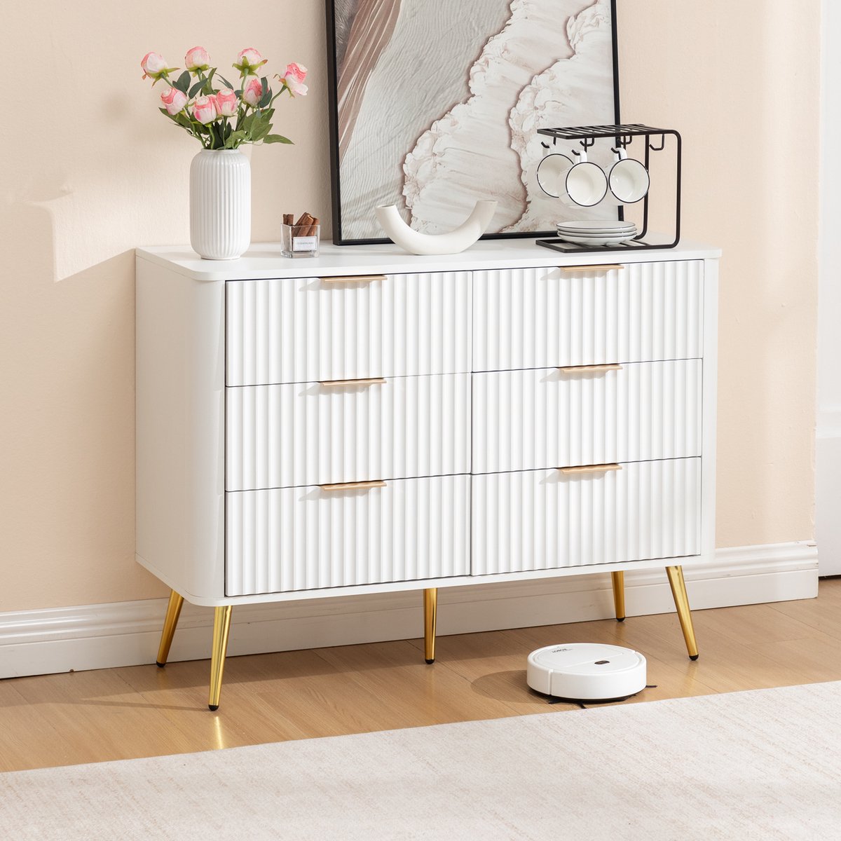 Wishdor - Dressoir - 6 lades - soft-close opbergruimte met metalen handgrepen - modern - slaapkamer of hal - houtlook - wit - 105 x 40 x 80 cm