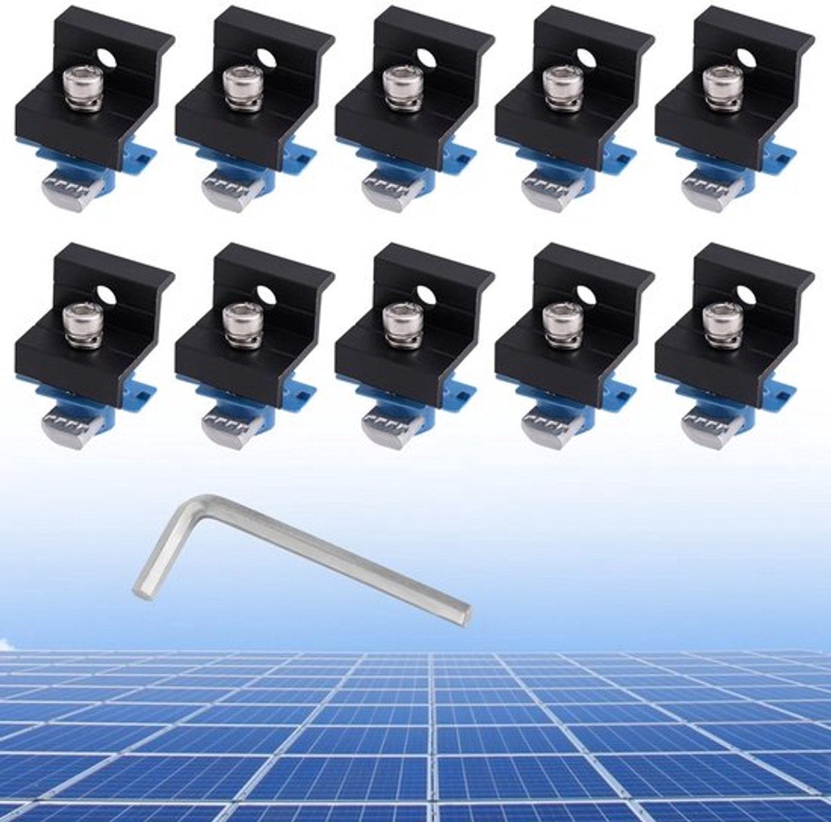 10 stuks eindklemmen voor zonnepanelen voor Unistrut Standard, 30 mm/35 mm zonnepaneelbeugels met moeren en bouten, aluminium montageset voor platte daken met metalen plaat (zwart)