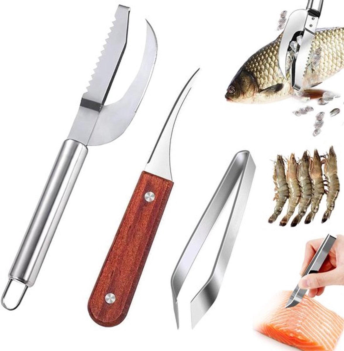 3-in-1 visschubbenverwijderaar. visschubbenmes. keukenaccessoires. met visgraattang en snelle garnalenschiller. voor vis en vlees (3 stuks)