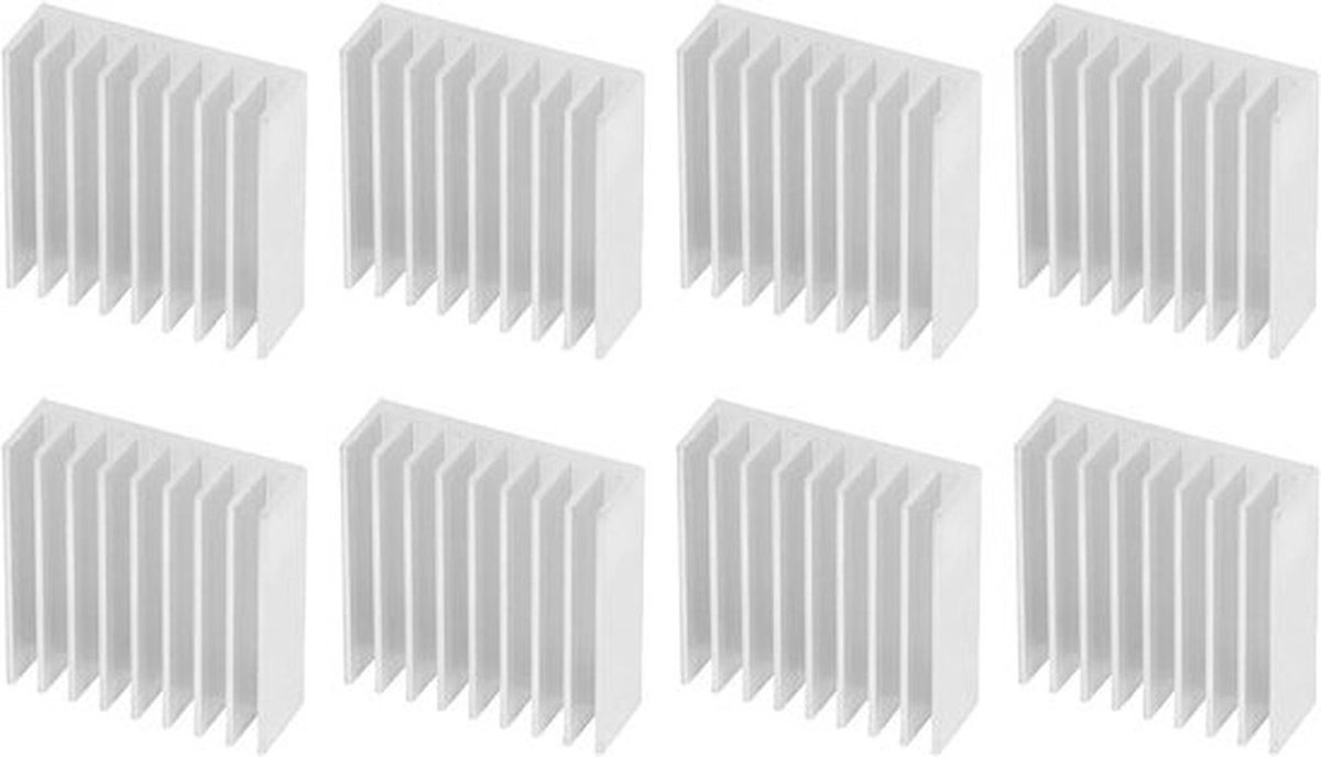 Set van 8 aluminium koellichamen van 50 x 50 x 17 mm met 9 vinnen, ideaal voor effectieve warmteafvoer bij GPU backplates en andere elektronische componenten