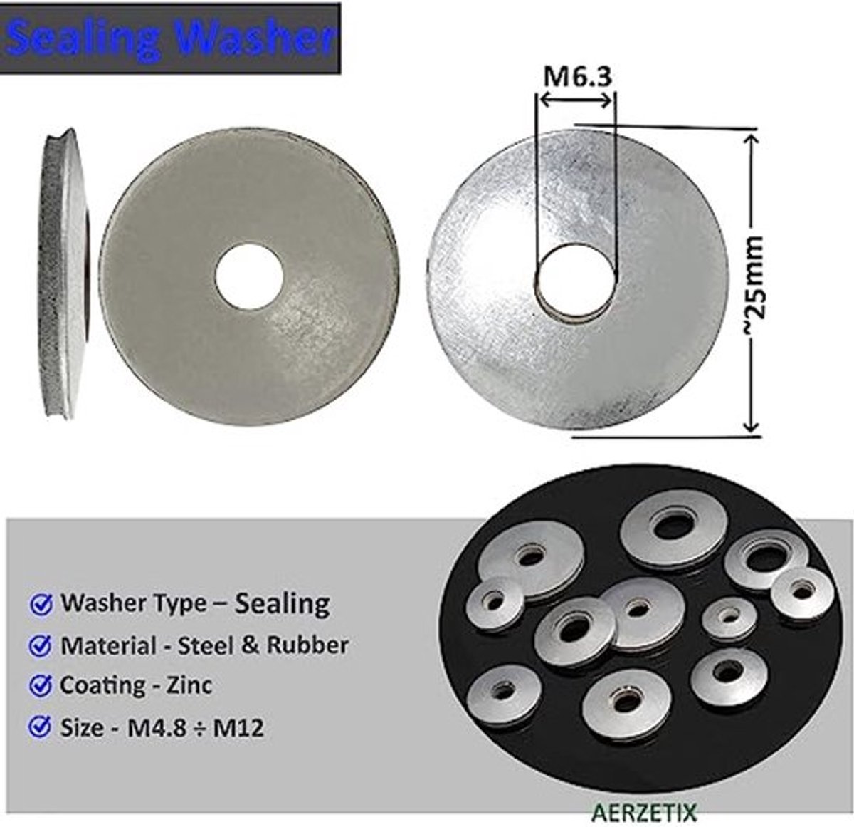 C67612 - Pack van 50 EPDM Sealingringen 6.3 x 25 mm - Galvaniseerd Staal - Zelfborende Schroeven