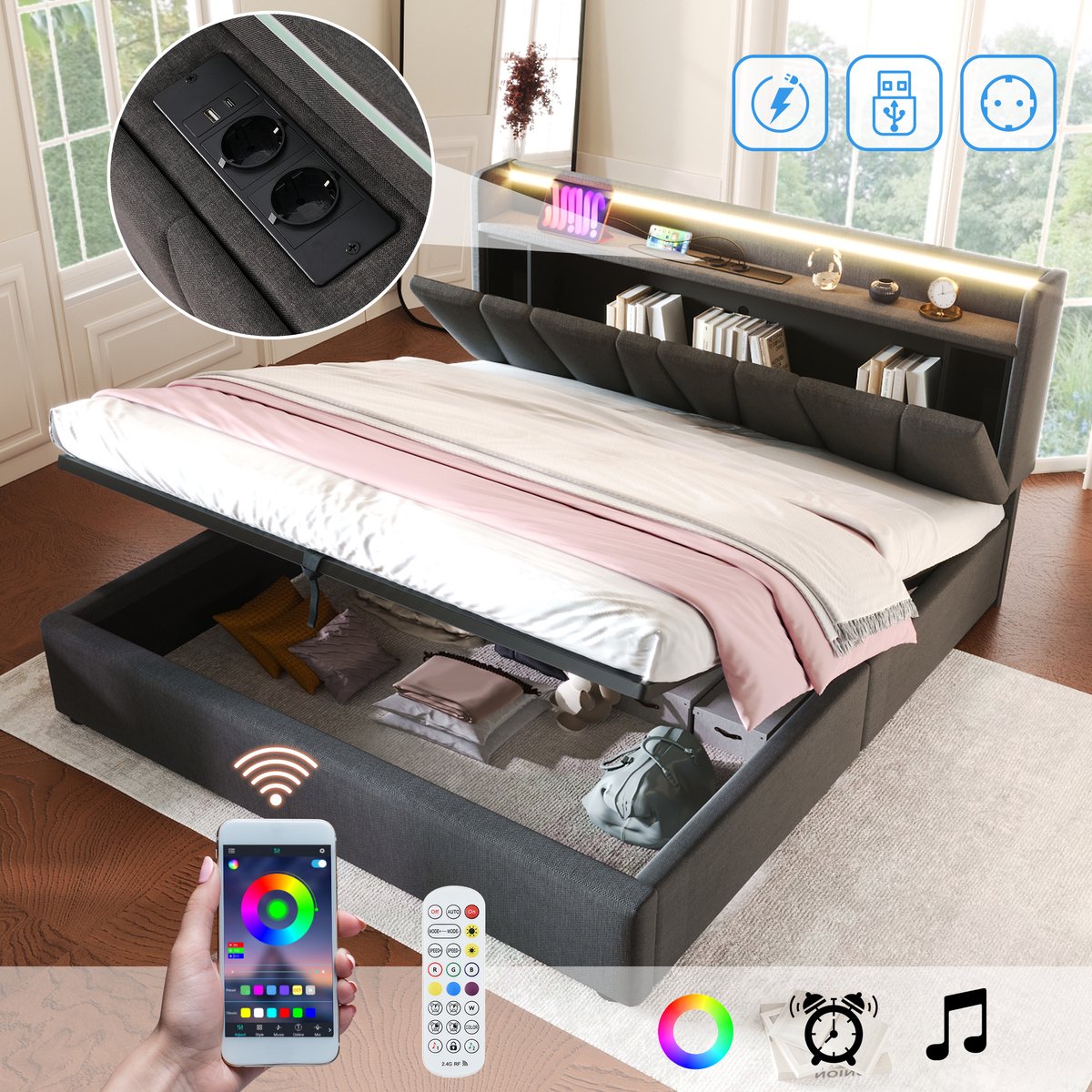 Tweepersoonsbed 140 x 200 cm – met hydraulische opbergruimte en LED-verlichting – linnen – grijs – voor moderne slaapkamer – praktische slaapoplossing voor