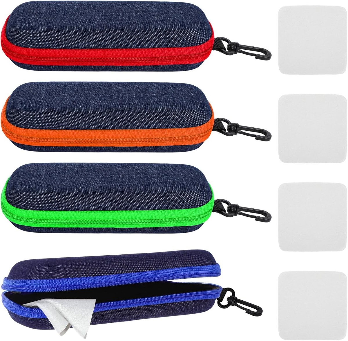 Set van 4 draagbare brillenkoffers van EVA, harde hoes met karabijnhaak en rits, geschikt voor zonnebrillen en fietsbrillen, inclusief microvezeldoek voor optimale bescherming