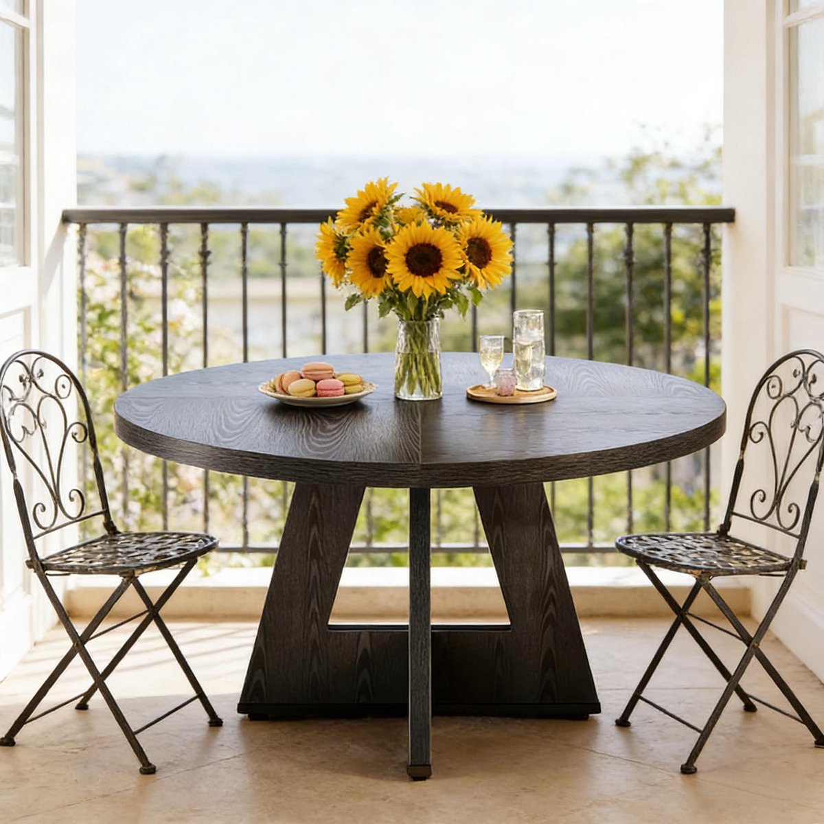 FloraGrace Eettafel - Ronde Tafel Voor 4 Personen In Landelijke Stijl - Voor Eetkamer En Woonkamer - Houtlook Zwart - 120x120x75 Cm