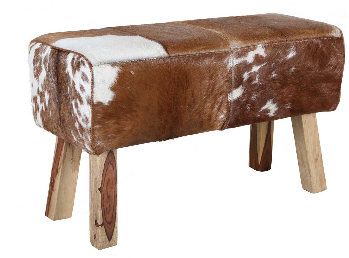 Leren bankje – Geitenleer – Zitbank Hout – Bruin-wit – 78 × 35 × 46 cm
