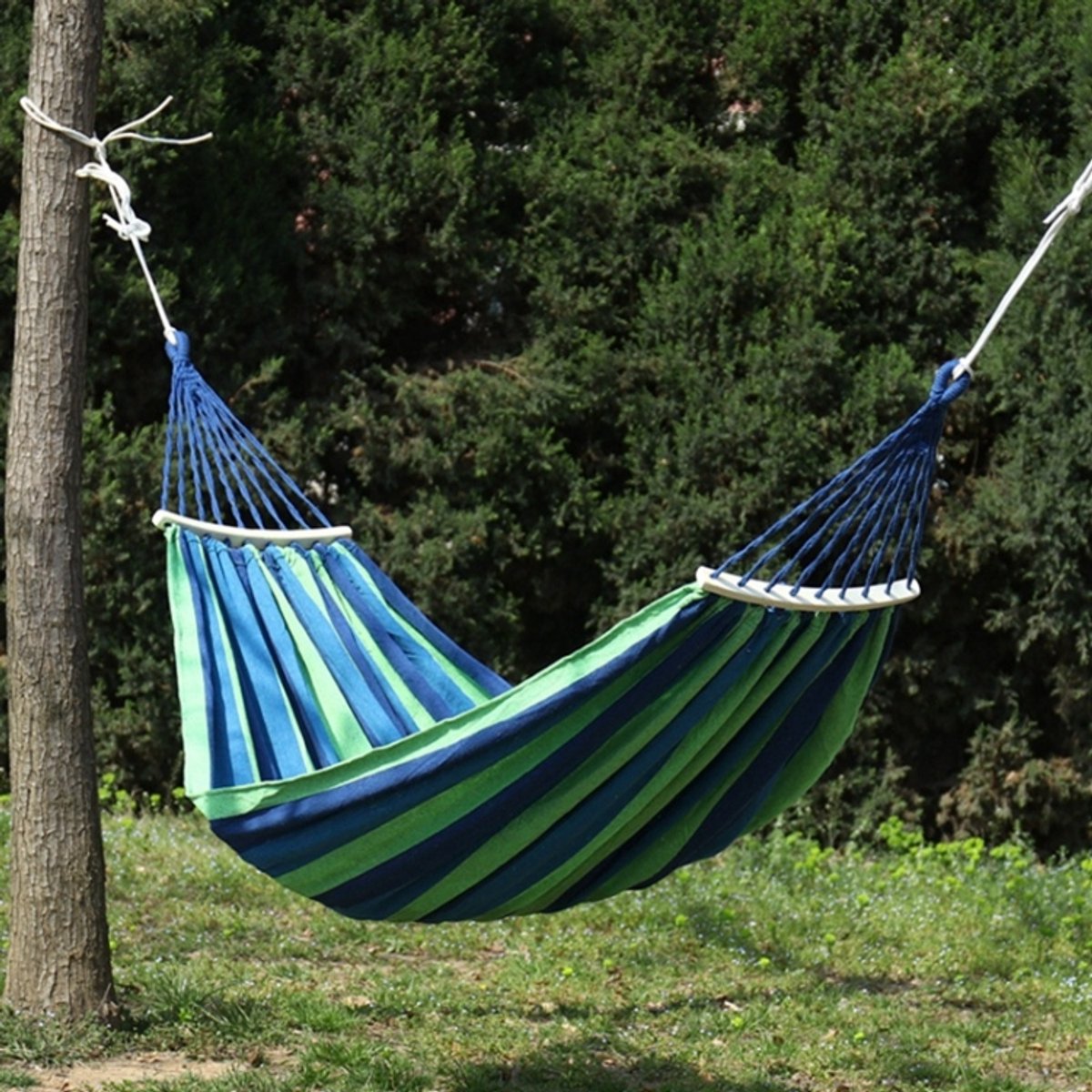 Dikke Canvas Hangmat Veld Rollover Preventie Buiten Hangmat Schommel 260x150 Met Stok (Blauwe Strepen)