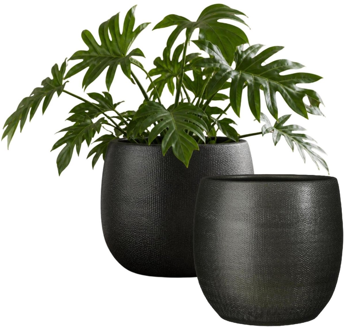 Mica Decorations Plantenpot - 2x - keramiek - antraciet glans / ribbels - D21 x H22 cm - bloempot Porto