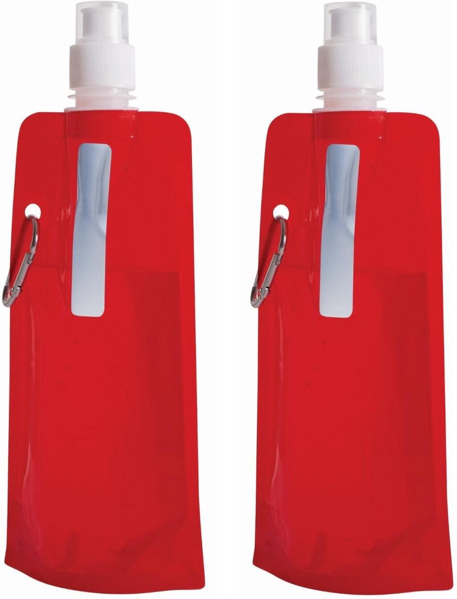 Trendoz Waterfles / drinkfles opvouwbaar - 2x - rood - kunststof - 400 ml - schroefdop - ophanghaak - sport - op reis - ruimtebesparend