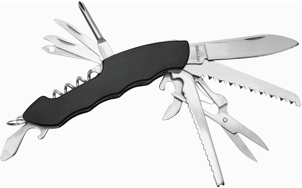 Bellatio Design Multifunctioneel zakmes - zwart - 11 functies - 10 cm - Zwitsers hobby en outdoor zakmes - gereedschap tool