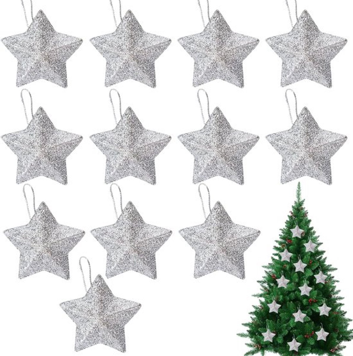 Kerstboomdecoratie Ster Zilver 12 Stuks Glittersterren om op te hangen Kerstdecoratie Sterren Kleine Kerstster Hanger voor Kerstboomdecoratie Plafondhanger Nieuwjaar