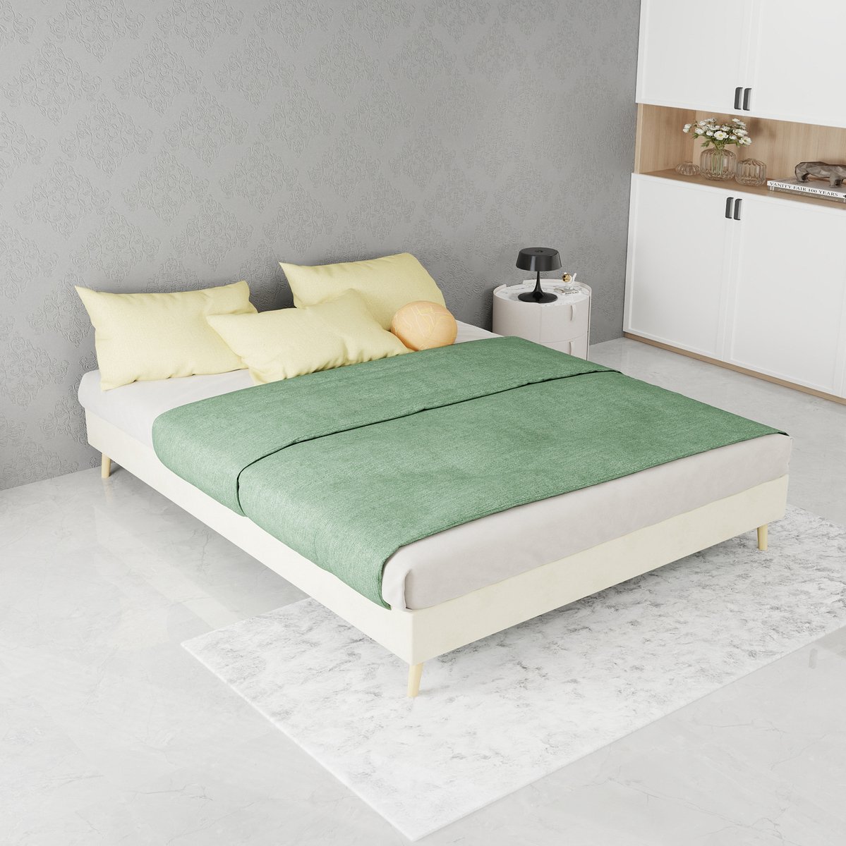 OKWISH Bed 140x200 cm - Laag Bedframe Met Lattenbodem - Stabiele Ondersteuning - Zonder Hoofdbord - Voor Slaapkamer - Stof - Beige - Zonder Matras