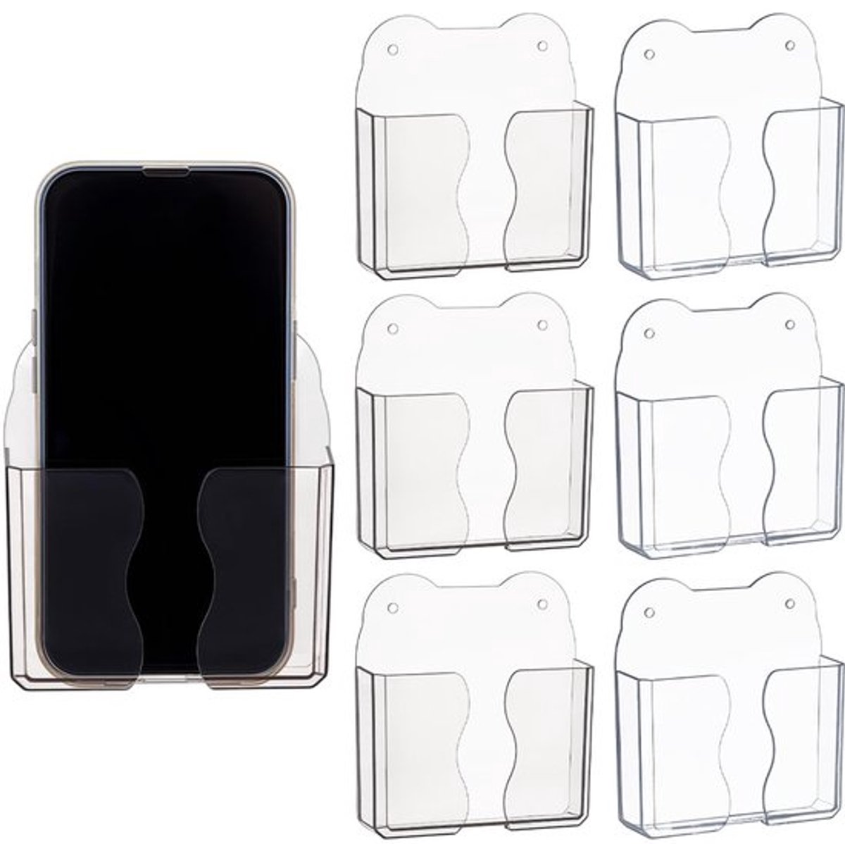 6 stuks, 2 kleuren, wandgemonteerde telefoonhouder, PET-telefoonstandaard met oplaadopening, zelfklevende telefoonstandaard, nachtkastje-organizer voor thuis en op kantoor, 10,5 cm