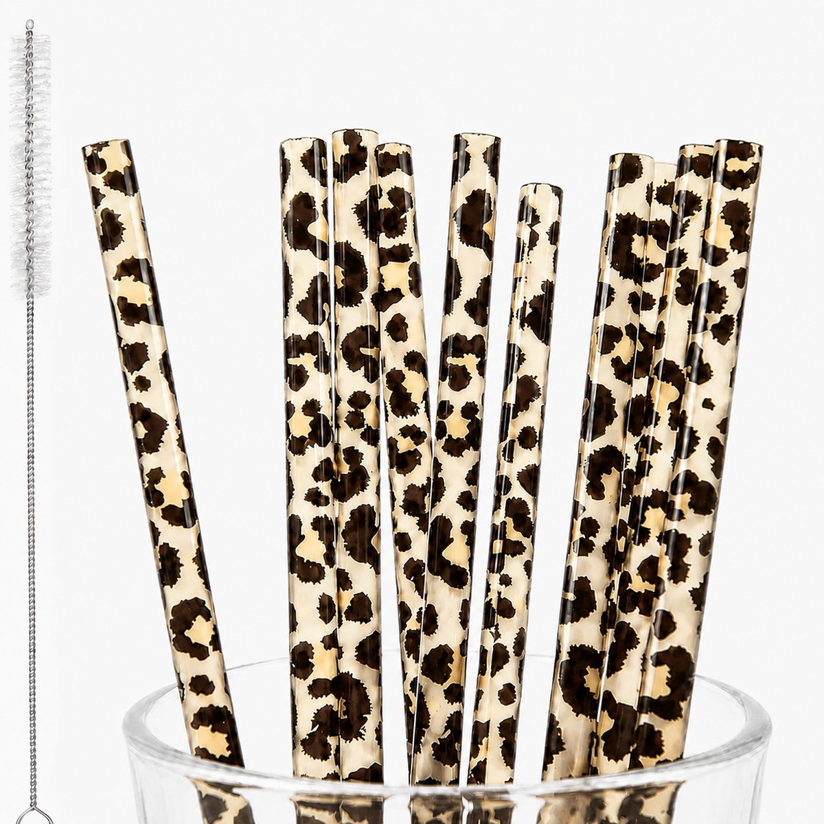 Daity 10 stuks - herbruikbare rietjes met luipaardprint, gemaakt van hard plastic, inclusief schoonmaakborsteltje. Rietjes met luipaardprint en cheetah-motief, perfect voor feestjes (wit)