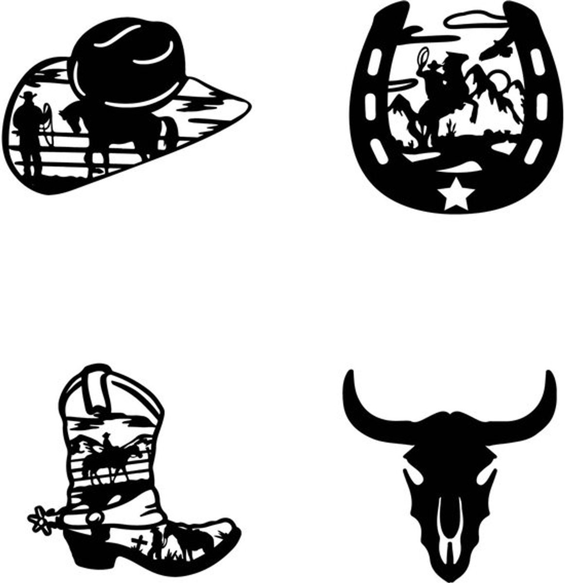 4 stuks cowboythema houten wanddecoratie, cowboyhoefijzer houten wanddecoratie, rustieke westerse wanddecoratie, holle wanddecoratie, sculptuur voor thuis, woonkamer, kantoor, hoteldecoratie, housewarming cadeau