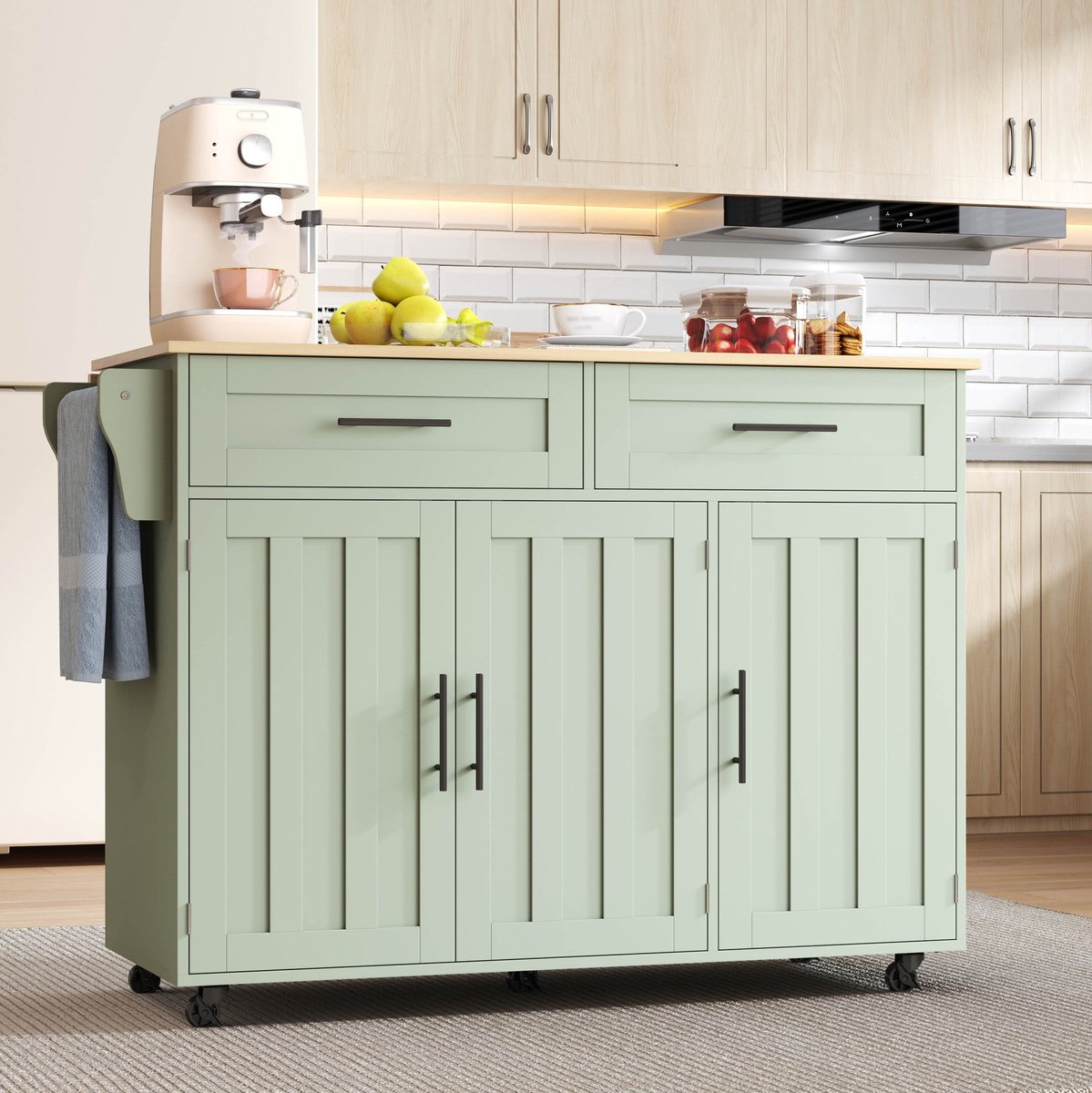 STILVORA Keukenkast - Opklapbaar Werkblad Met Lades En Wielen - Voor Keuken En Eethoek - MDF - 129x46x91,5 Cm - Antiekgroen