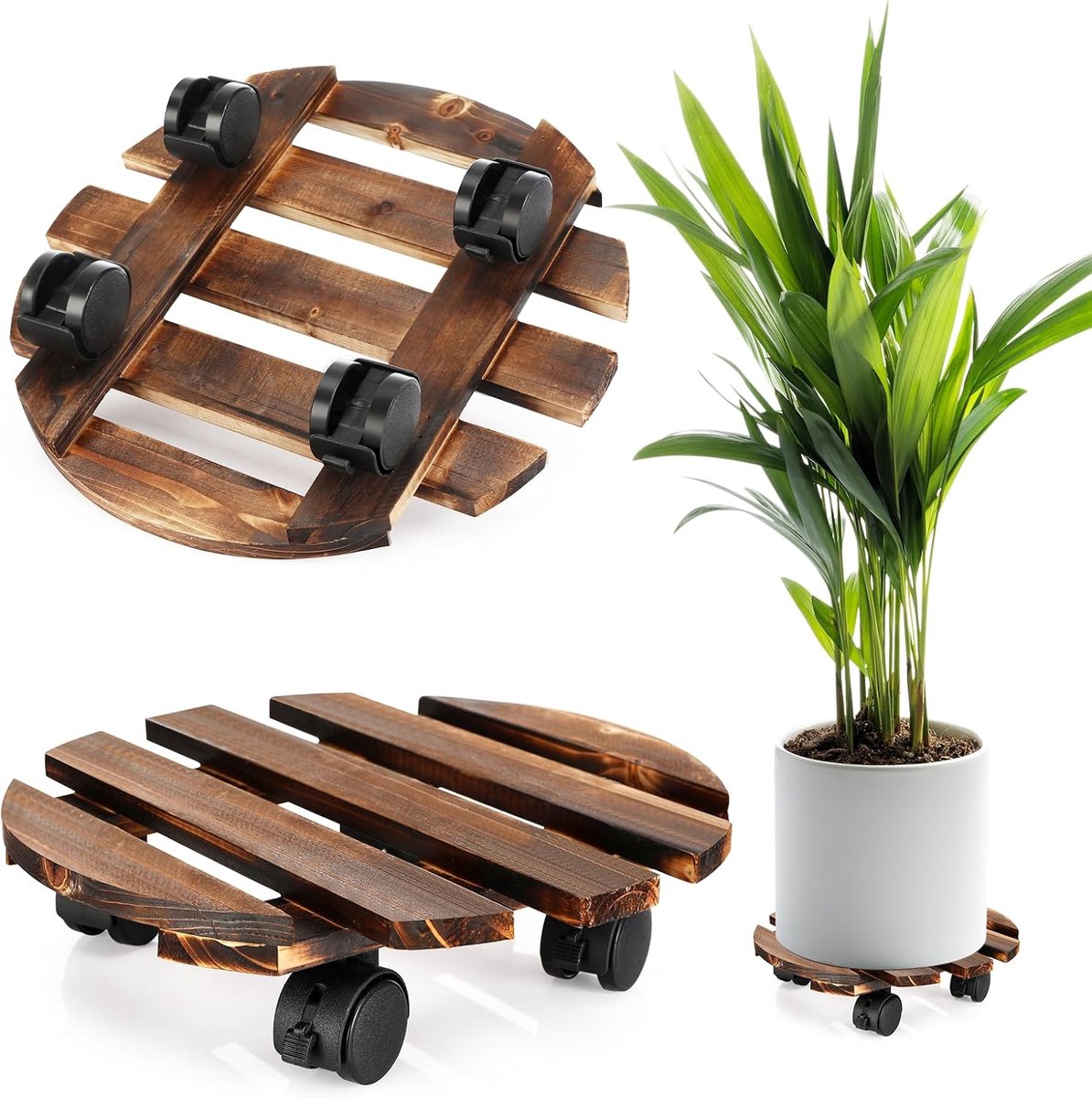 Ulisem - Mobiele plantenstandaard - Ronde houten plantenslede - 30 cm diameter - 360° draaibaar met 2 remwielen - 100 kg draagvermogen - Gecarboniseerd hout - Weerbestendig en corrosievrij - Voor binnen en buiten - Bruin