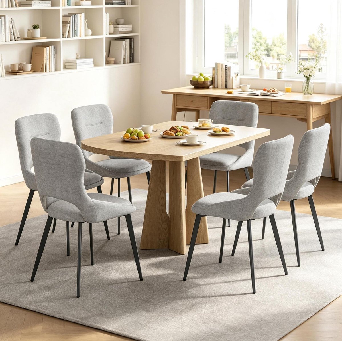 OKWISH Eetkamerstoel – Gestoffeerde Chenille Stoel Set Van 6 – Open Rugontwerp & Metalen Onderstel – Voor Eetkamer, Woonkamer Of Keuken – Grijs