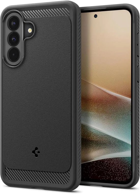 Zwarte telefoonhoes met carbon accenten bij camera en onderkant, op telefoon.
