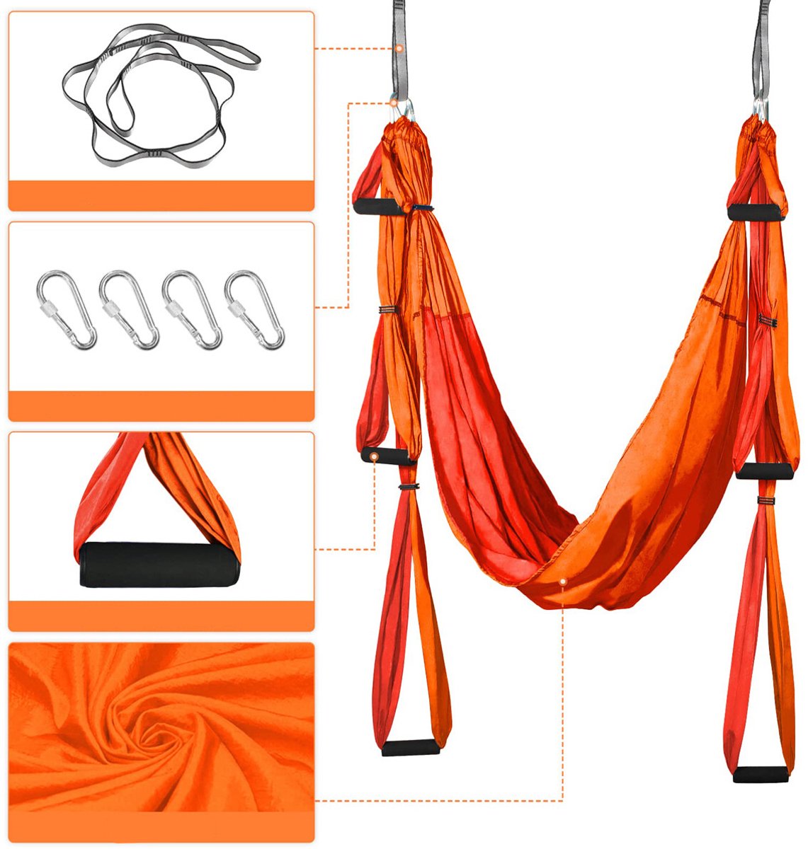 Hangmat voor aerial yoga – met verlengbanden - Elastisch materiaal - Binnenhangmat - Draagvermogen 300 kg - 220 cm - Nylon materiaal - Oranje