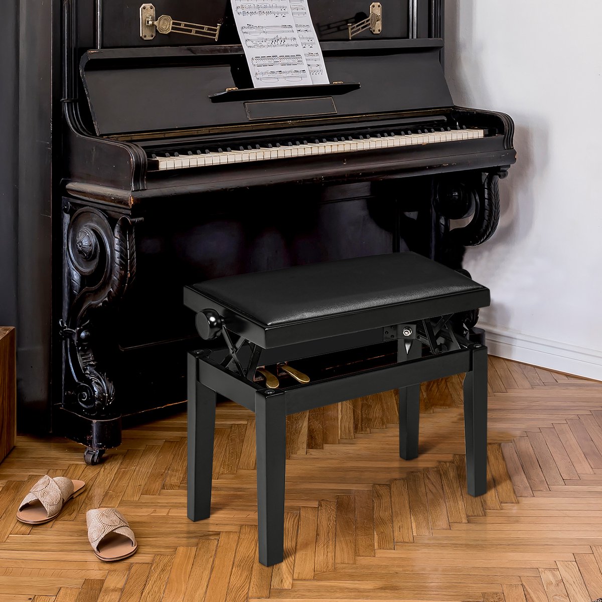 HAUSS SPOLE Klavierhocker - Verstelbare Klavierbank - Comfortabele Zitting Met Kunstleer - Voor Piano, Studio En Thuis - Zwart Hout
