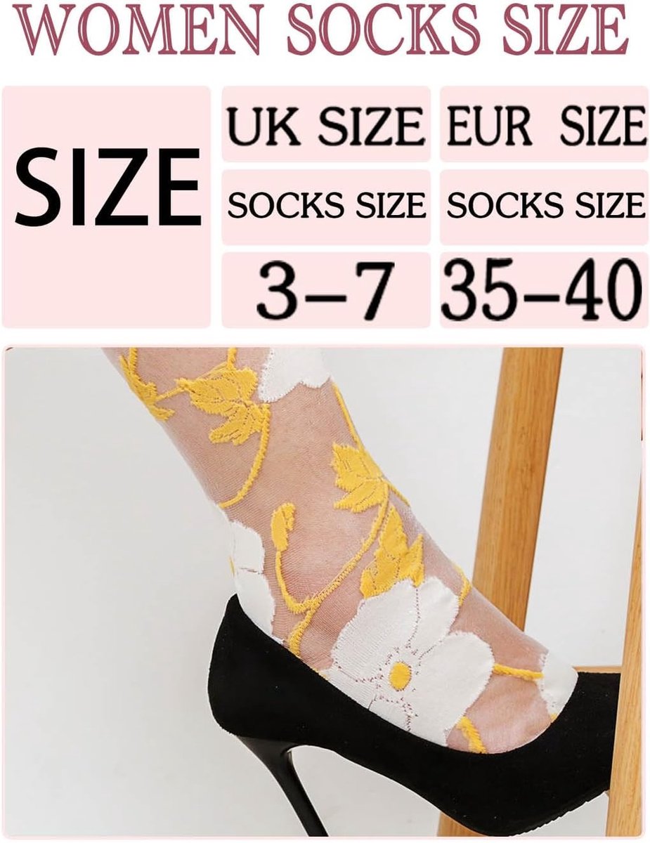 Floral Transparante Kousen voor Vrouwen met Kant en Patroon - Dunne Nylon Mesh Sokken, Maat 10-11