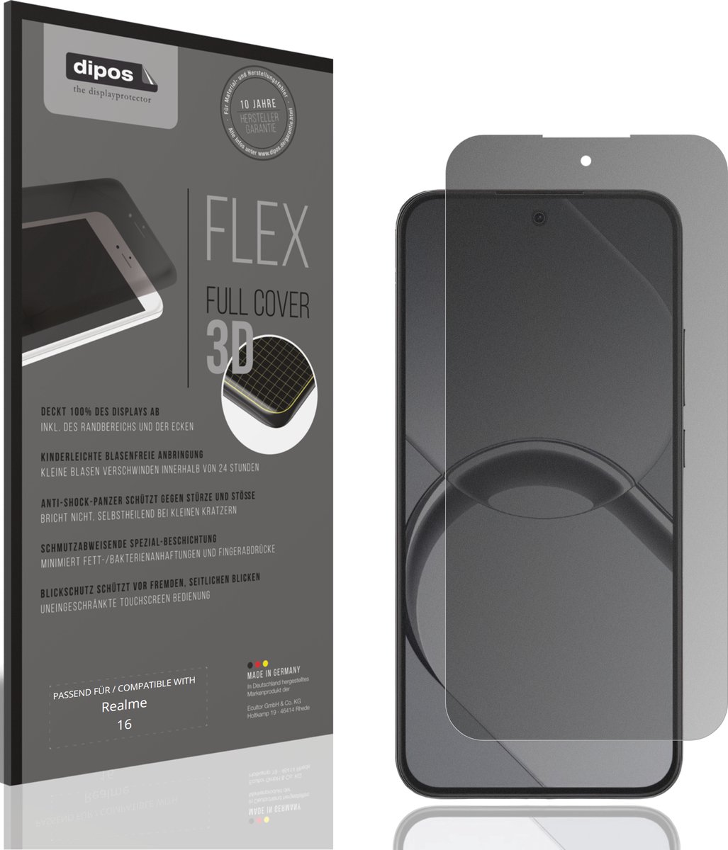 dipos FLEX – Matte Privacy Screenprotector geschikt voor Realme 16 | Volledige Schermbescherming | Case-Friendly