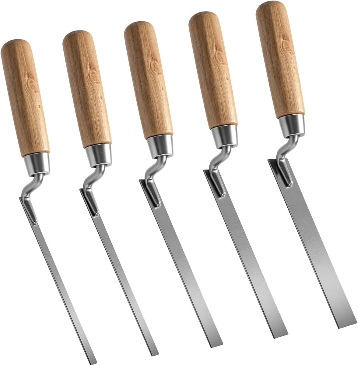 Set van 5 Carbon Staal Voegenlepels met Houten Handvat voor Pleisteren, Voegen en Tegels - Breedtes 6/8/10/12/15 mm