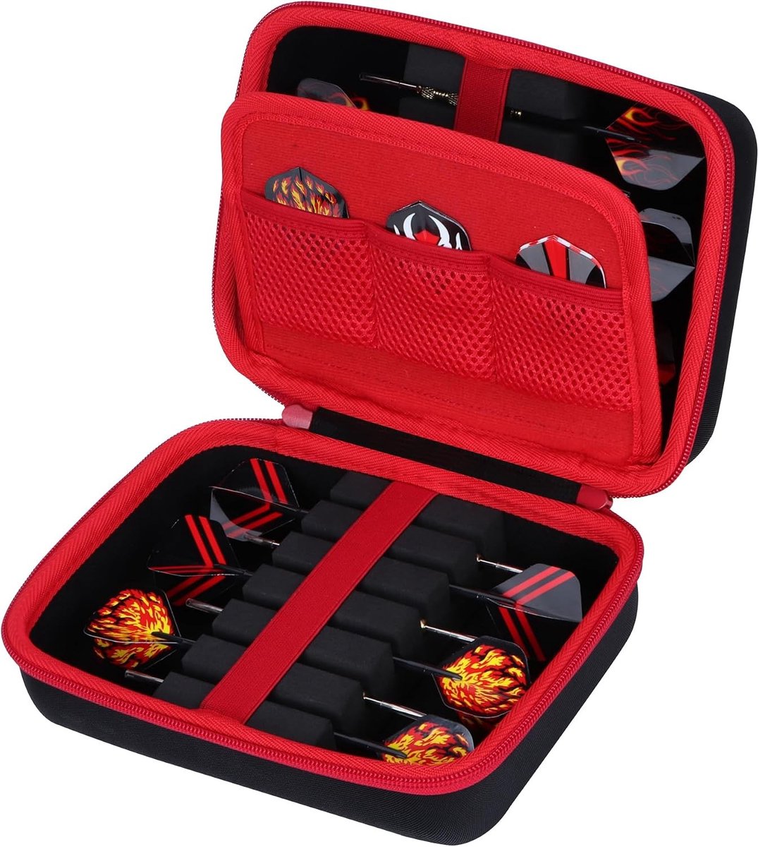 Hard Case voor Dart Flights met Opbergmogelijkheden voor 12 Darts, Geschikt voor Steel en Soft Tip, Zwart en Rood, Ideaal voor Dartliefhebbers