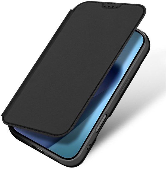 Zwarte telefoonhoes met een halfopen klep, telefoon scherm zichtbaar.