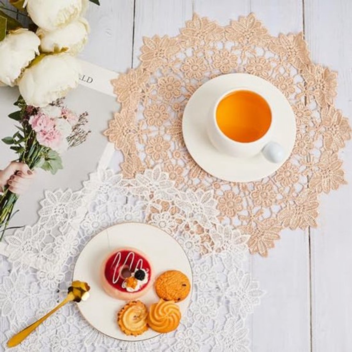 2 kleuren ronde gehaakte placemats 35 cm onderzetters vintage handgemaakte gebreide gehaakte kant onderzetters tafeldecoratie voor bruiloft theekransje tafeldecoratie eetkamer witte papajawhip