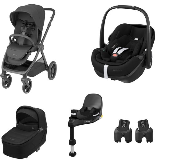 Maxi-Cosi bundel in twillic black: kinderwagen, reiswieg, autostoel, base en adapters.