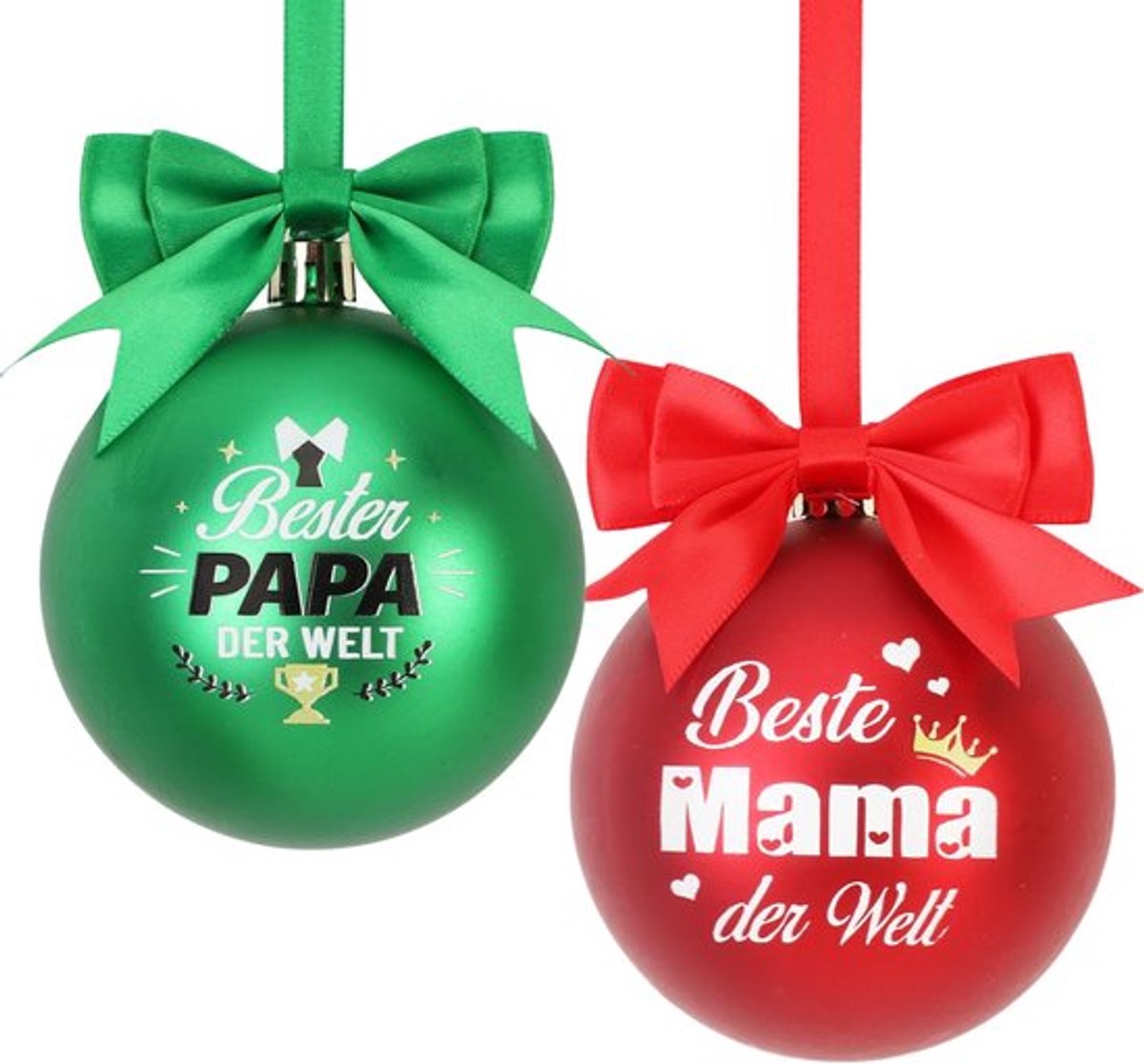 2 x Mama Papa kerstballen, beste mama, beste papa, kerstballen van kunststof, cadeaus voor mama en papa, kerstboombal, rood, groen, 80 mm, onbreekbaar