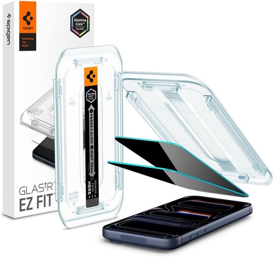 Spigen AluminaCore Glas.tR EZ Fit screenprotector verpakt en klaar voor installatie op een iPhone.