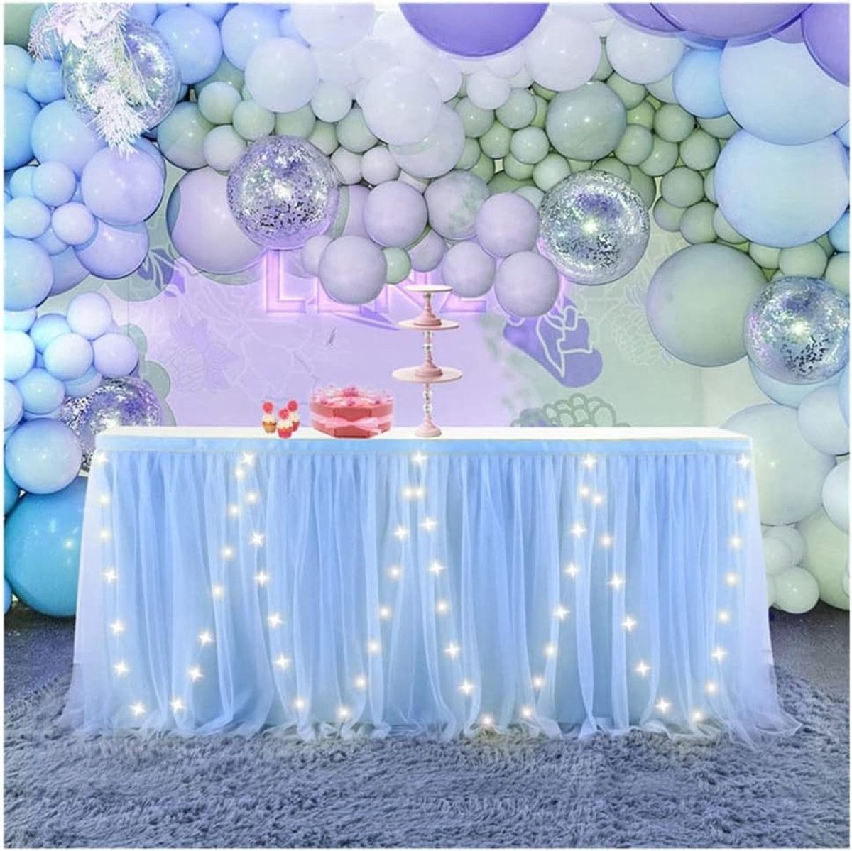Elegante Tulle Tafelskirt voor Bruiloft, Verjaardag en Feestdecoratie - 427 x 77 cm in Luchtblauw met LED Verlichting