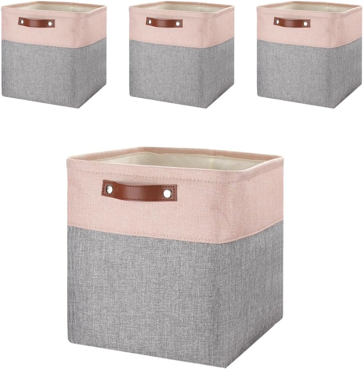 Set van 4 Opbergdozen in Grijs en Roze, Ideaal voor Kleding, Speelgoed en Organisatie (28 x 28 x 28 cm)