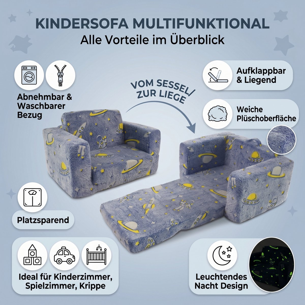 OKWISH Opklapbare Kinderstoel met Glow-In-The-Dark Ruimteprint - afbeelding 2