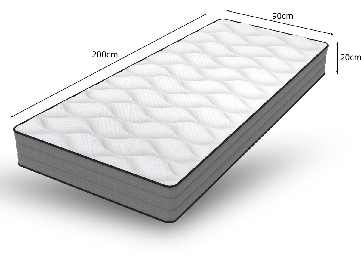 Matras 90x200 cm – Pocketveringmatras met 7 zones – H3, 20 cm – 1000 veren/2 m2 – Wit/Grijs