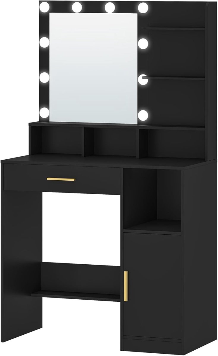 Hzuaneri Kaptafel met Spiegel en 10 Led Verlichting, Zwart