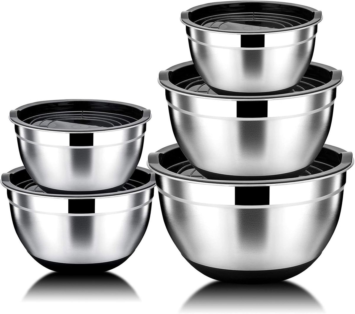 5-delige RVS Mengkom Set met Luchtdichte Deksel en Antislip Siliconen Basis, Stapelbaar en Veelzijdig, Vaatwasserbestendig, 6.6L, 3.5L, 2.5L, 1.5L en 1L - Keukenaccessoires, Bakken, Koken