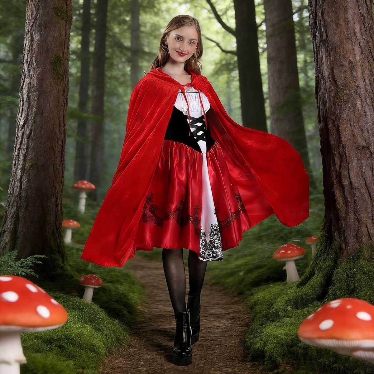 Vrouwelijk Roodkapje Kostuum met Cape, Jurk en Zwarte Kousen voor Carnaval, Halloween en Feestjes