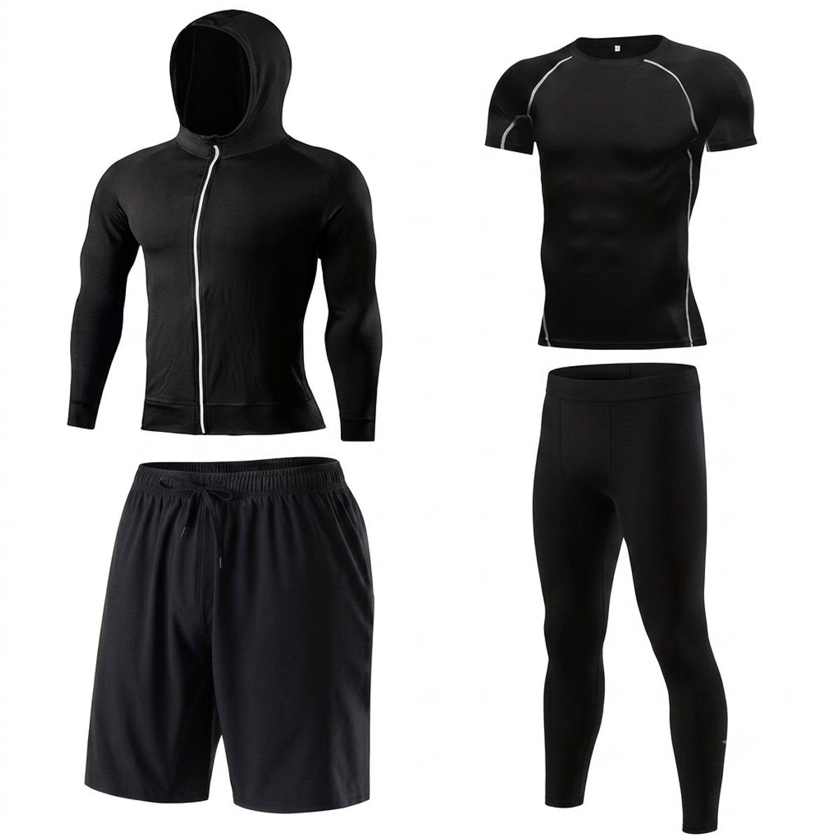 Zwarte vechtsport trainingspakken heren 4 delige sportset met hoodie trainingsjack compressie shirt compressie broek sportshort ademend sneldrogend hardlopen fitness fietsen buitensport maat M