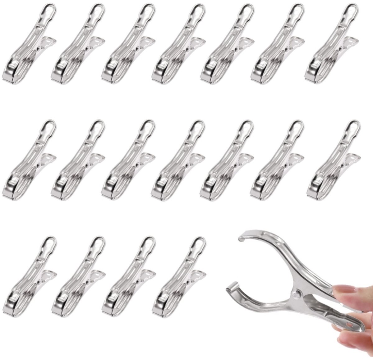 20 stuks - Handdoekclip voor op het strand - Winddichte dekenclip - Voorzien van een stevige, duurzame en roestbestendige veer - Grote kledingclip van roestvrij staal - Houdt handdoeken, kleding en dekens droog aan waslijnen en rekken (zilver)