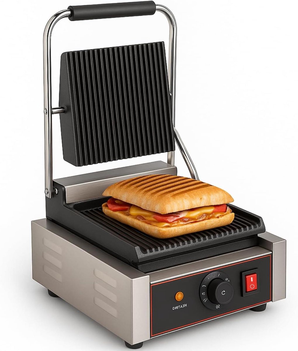 Elektrische Grill - Contactgrill Panini - Snelle Maaltijden - Gietijzeren Platen - 230 x 220 mm - Zilver
