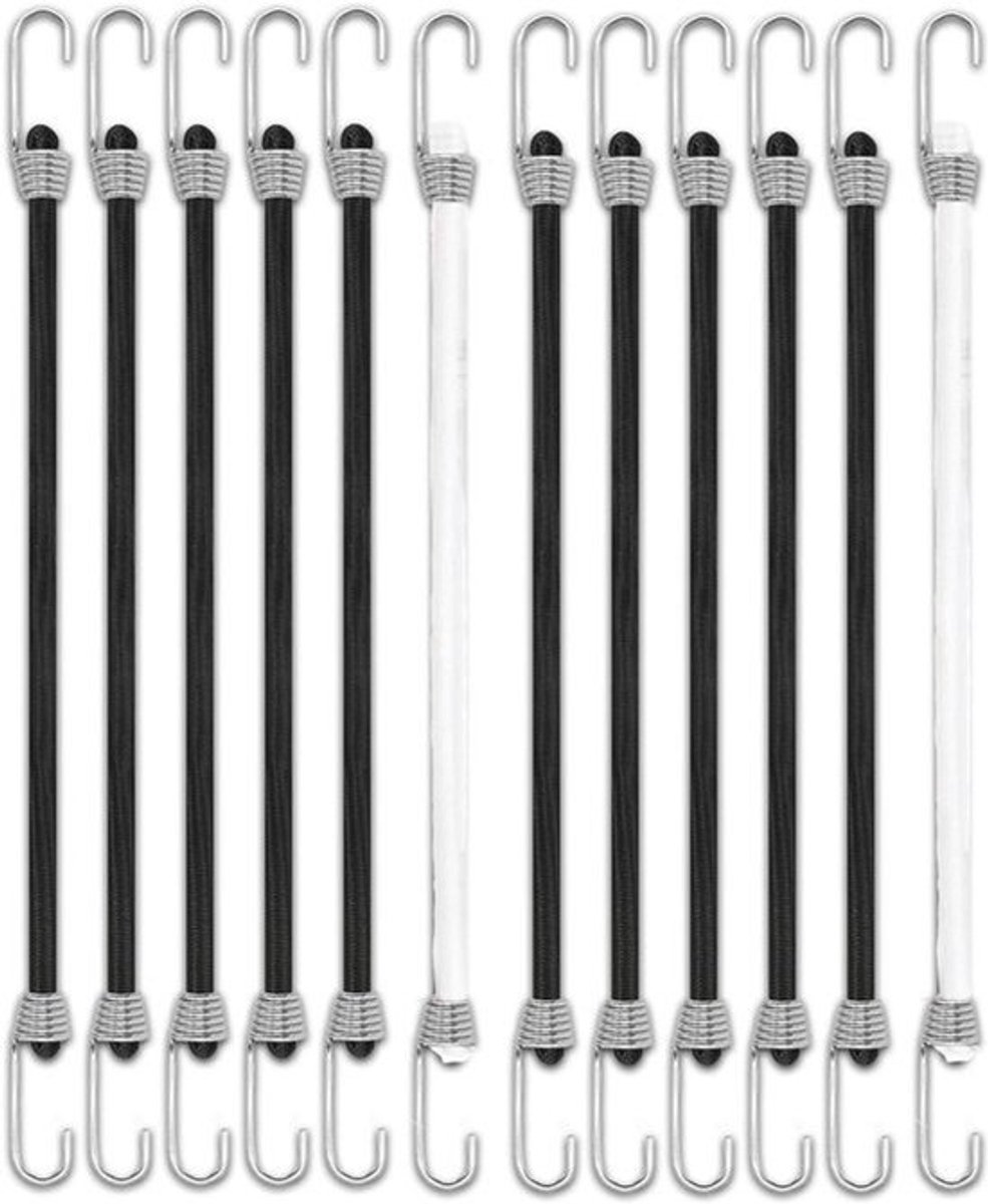 Spanrubber met haken 25 cm - 12 stuks | Rubberen expanders - Multifunctionele bagagespanner in zwart-wit | Ideaal voor camping, outdoor, huishouden, bagage, dekzeilen en dakdragers