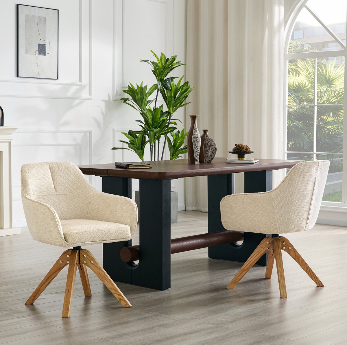 OKWISH Eetkamerstoel - 360° Draaibaar Met Armleuningen - Set Van 2 - Beige Stof Met Massief Houten Poten - Modern Voor Eetkamer